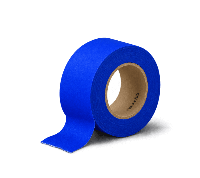 Roll of blue gaffer tape printed vexo.club, the end hanging free