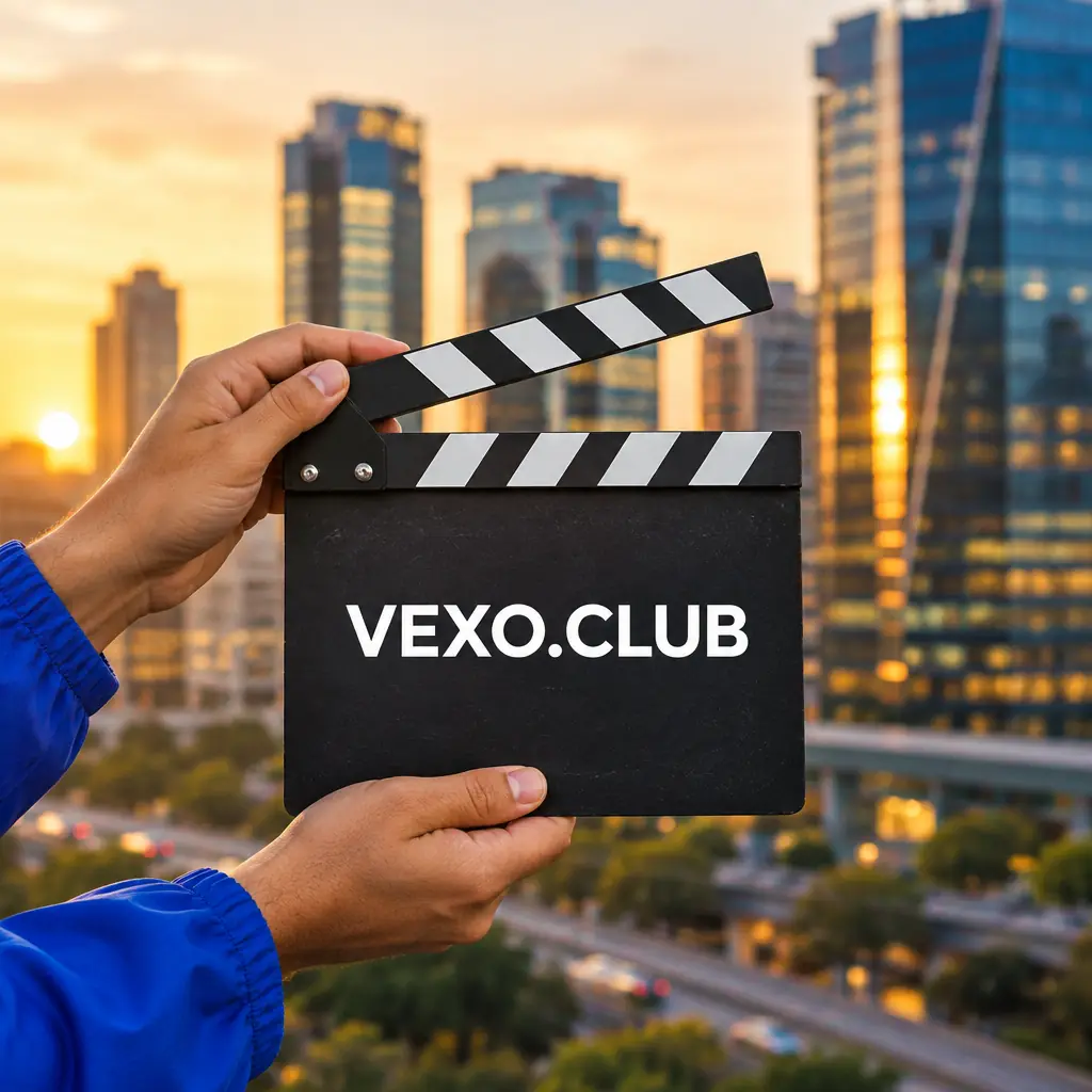 A hand holds a clapperboard reading VEXO.CLUB against the glass towers of Gurugram at sunset — a shoot in Delhi NCR