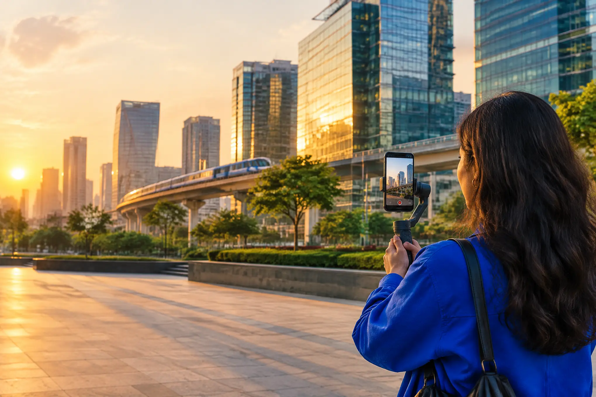 A creator in a cobalt-blue jacket frames a vertical video on a phone gimbal among the glass towers and the metro viaduct of Cyber City, Gurugram, at golden hour — influencer marketing in Delhi NCR