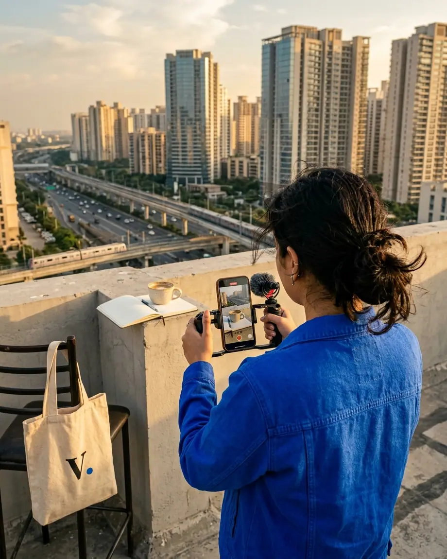 A creator in a cobalt-blue denim jacket films a coffee-and-notebook flat-lay on a phone rig from a Noida rooftop, residential towers, an expressway and the metro line below — a creator shoot in Delhi NCR