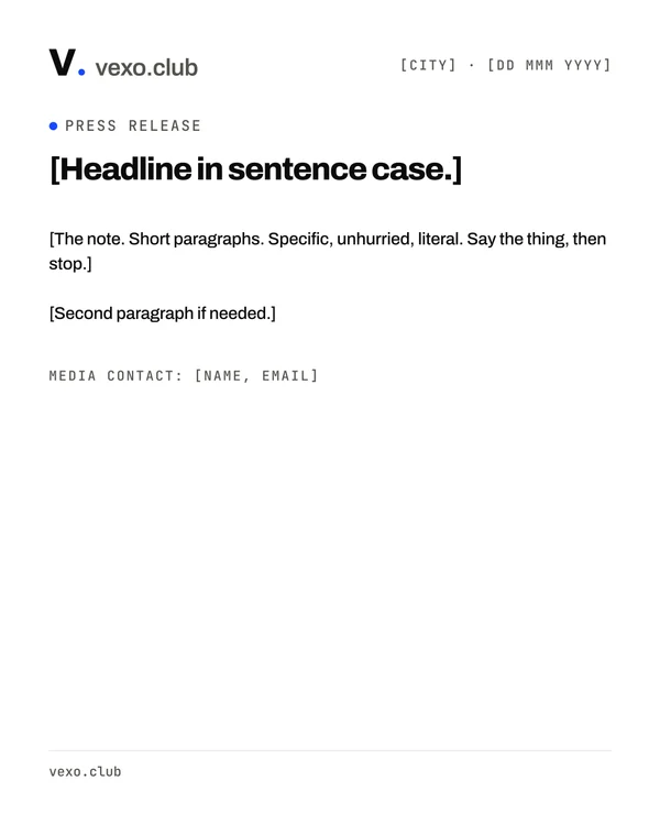 vexo.club announcement post template — press kit of an influencer marketing company.