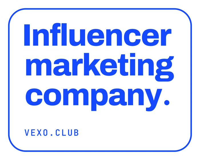 vexo.club badge sticker, blue on paper — influencer marketing agency in India.