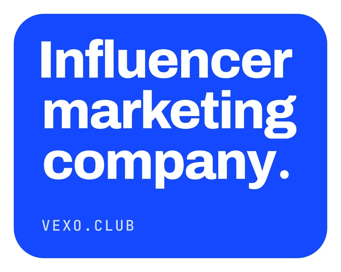 vexo.club badge sticker, paper on blue — influencer marketing agency in India.