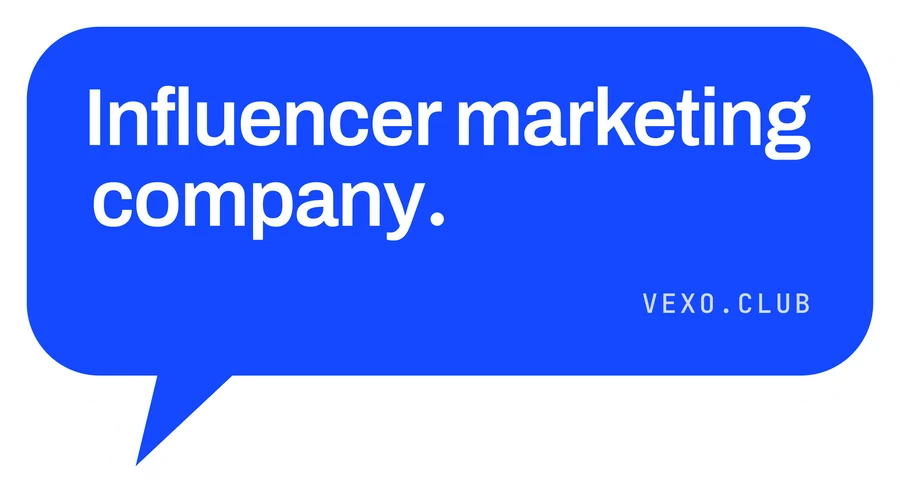 vexo.club speech-bubble sticker, paper on blue — influencer marketing agency in India.