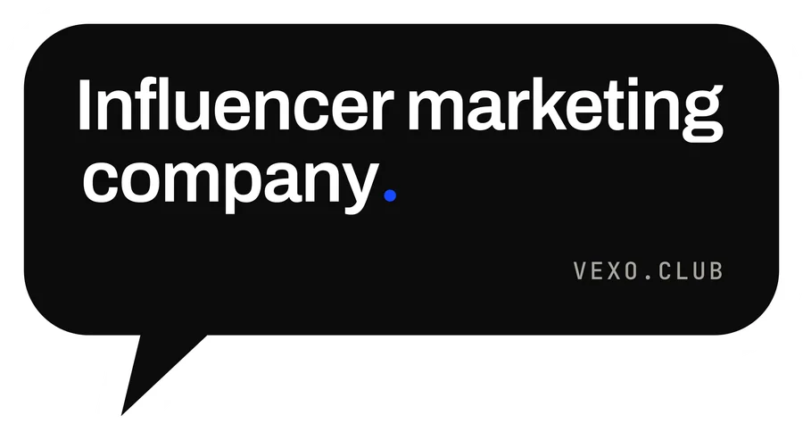 vexo.club speech-bubble sticker, paper on ink — influencer marketing agency in India.
