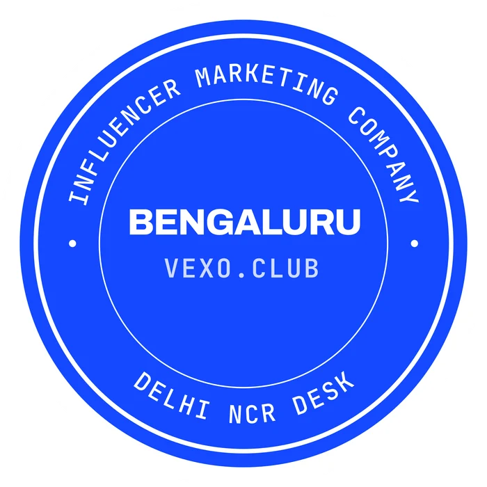 vexo.club Bengaluru postmark sticker, paper on blue — influencer marketing agency in Bangalore.