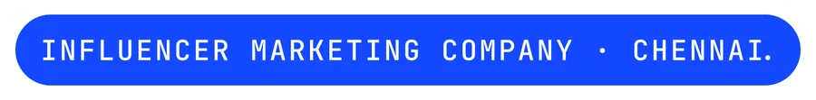 vexo.club Chennai label sticker, paper on blue — influencer marketing agency in Chennai.