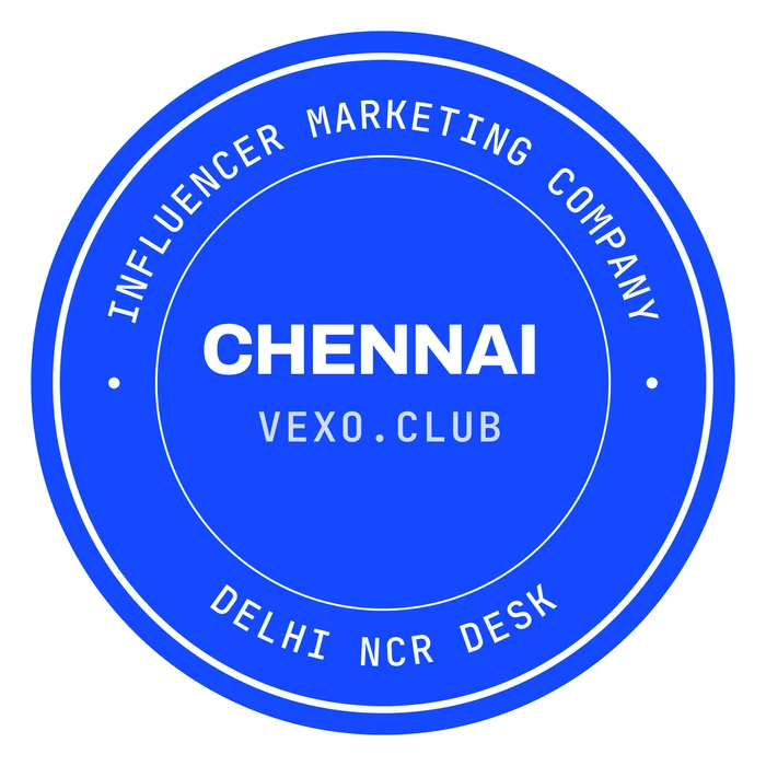 vexo.club Chennai postmark sticker, paper on blue — influencer marketing agency in Chennai.