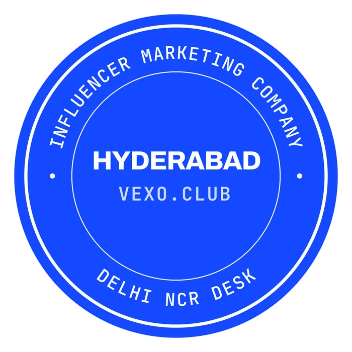 vexo.club Hyderabad postmark sticker, paper on blue — influencer marketing agency in Hyderabad.
