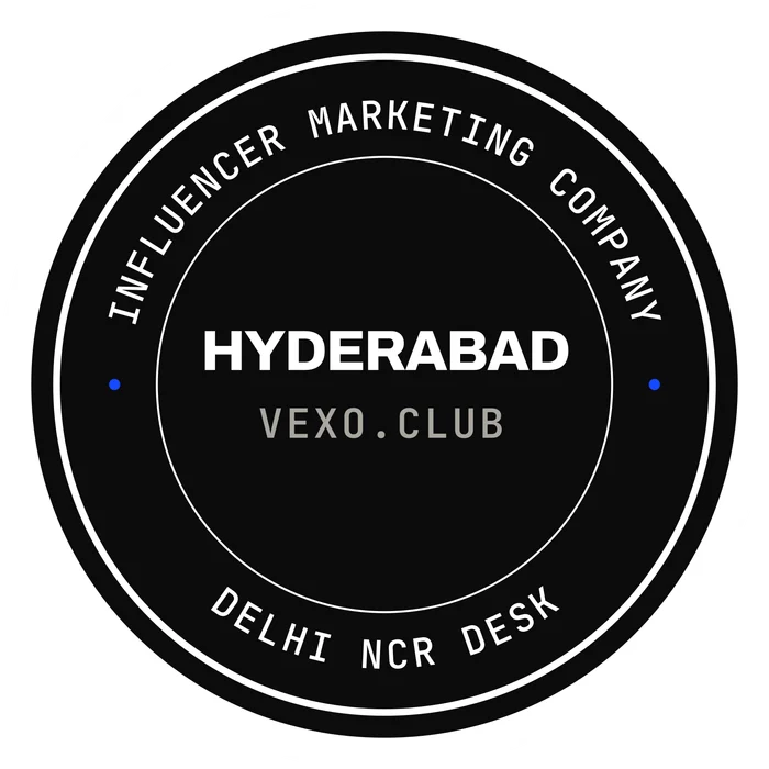 vexo.club Hyderabad postmark sticker, paper on ink — influencer marketing agency in Hyderabad.