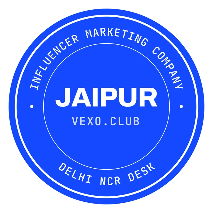 vexo.club Jaipur postmark sticker, paper on blue — influencer marketing agency in Jaipur.