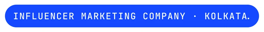 vexo.club Kolkata label sticker, paper on blue — influencer marketing agency in Kolkata.