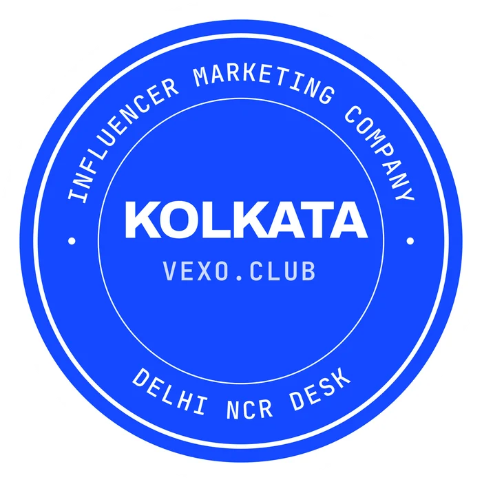 vexo.club Kolkata postmark sticker, paper on blue — influencer marketing agency in Kolkata.