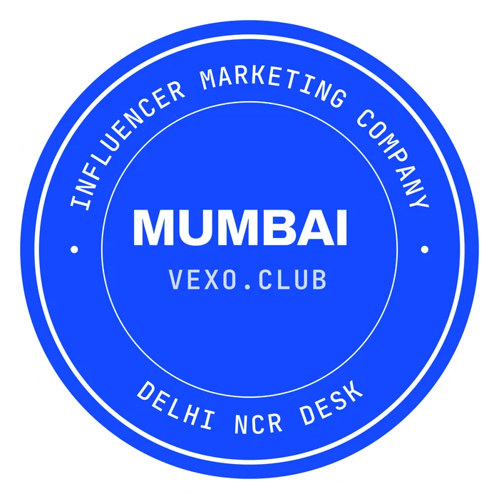 vexo.club Mumbai postmark sticker, paper on blue — influencer marketing agency in Mumbai.