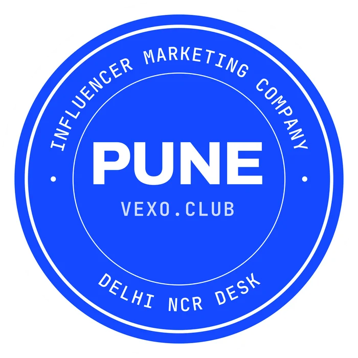 vexo.club Pune postmark sticker, paper on blue — influencer marketing agency in Pune.