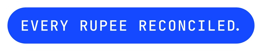 vexo.club label sticker reading “Every rupee reconciled.”, paper on blue — influencer marketing agency in India.