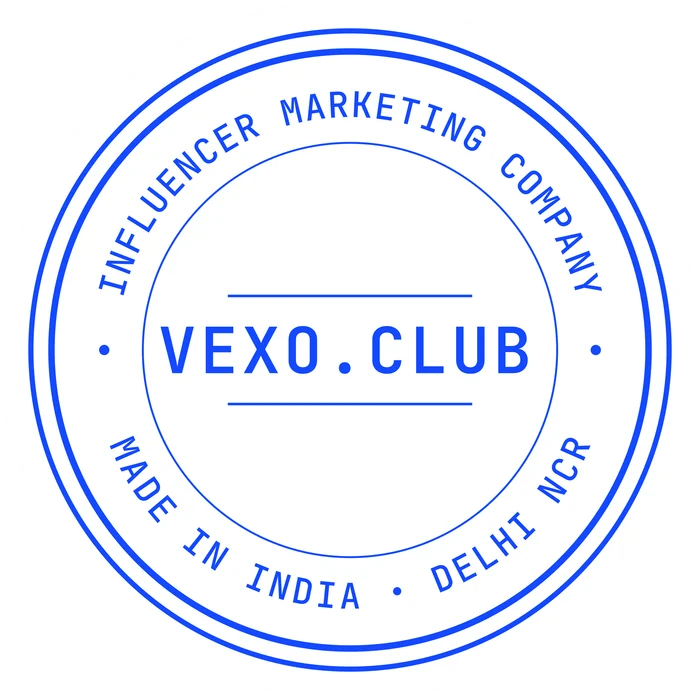 vexo.club postmark sticker, blue on paper — influencer marketing agency in India.
