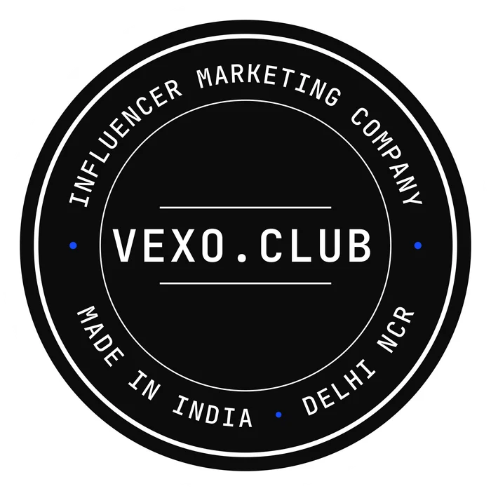 vexo.club postmark sticker, paper on ink — influencer marketing agency in India.