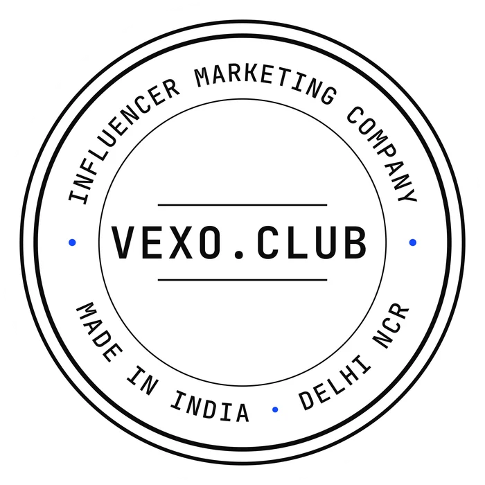 vexo.club postmark sticker, ink on paper — influencer marketing agency in India.